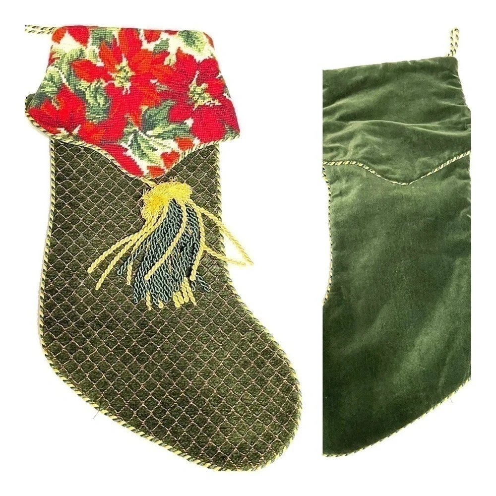 Christmas Poinsettia Stocking Cotton Wool Blend Green Rope Tassel